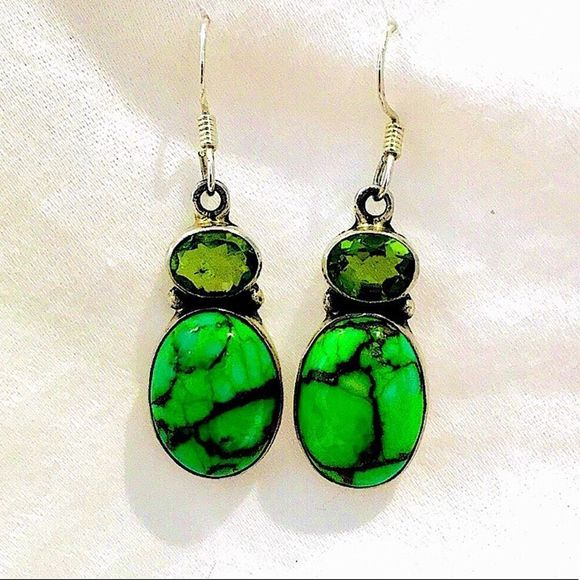 Mohave Lime Green Copper Infused Turquoise Peridot Sterling Silver Drop Earrings - Picture 6 of 16